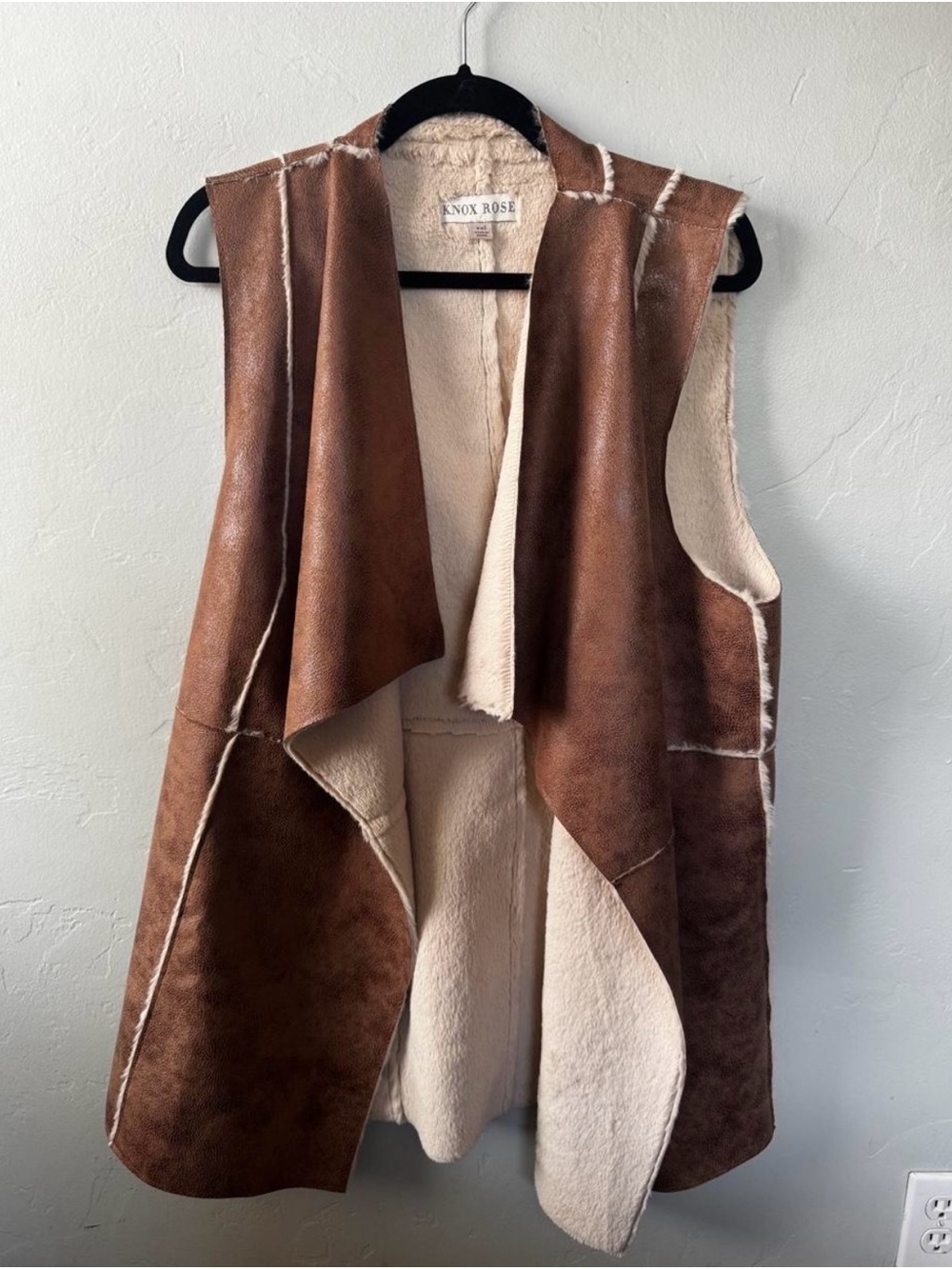 Knox Rose Brown Faux Suede Open-Front Vest with Cream Shearling